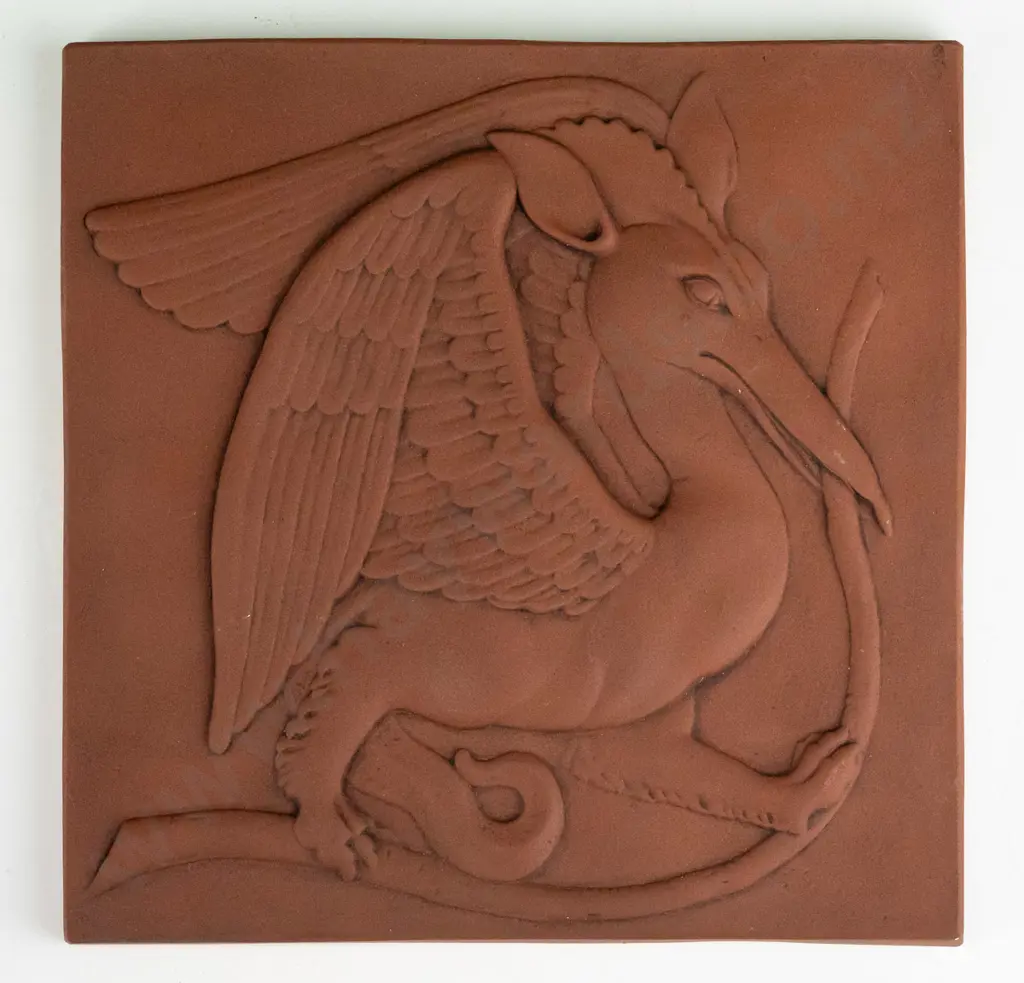 Marcus Wainwright small ceramic tile with mythical dragon figure, dated 2009, matte terracotta glaze 200 x 200. Image 1++