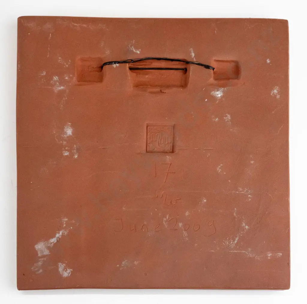Marcus Wainwright small ceramic tile with mythical dragon figure, dated 2009, matte terracotta glaze 200 x 200. Image 1++