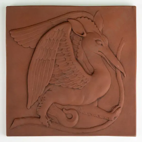 Marcus Wainwright small ceramic tile with mythical dragon figure, dated 2009, matte terracotta glaze 200 x 200.