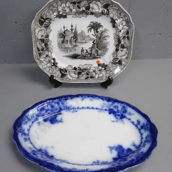 2 ashets: Jamieson & Co. "Bosphorus" pattern and flow blue Alfred Meakin. Some scratching and staining to Meakin.