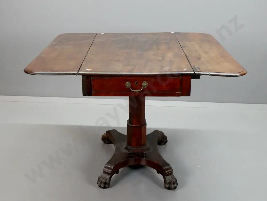 Georgian mahogany Pembroke drop-side table with faceted column base, platform base on carved paw feet, brass swan-neck Image 1++