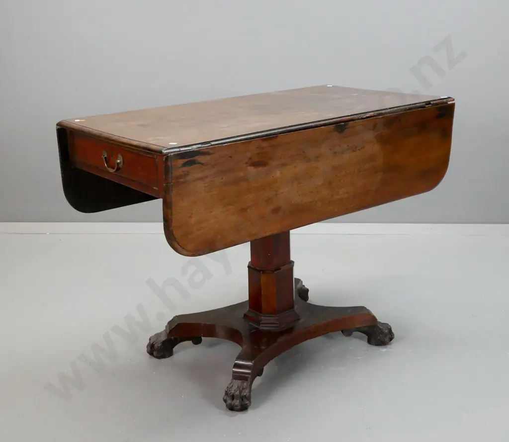Georgian mahogany Pembroke drop-side table with faceted column base, platform base on carved paw feet, brass swan-neck Image 1++