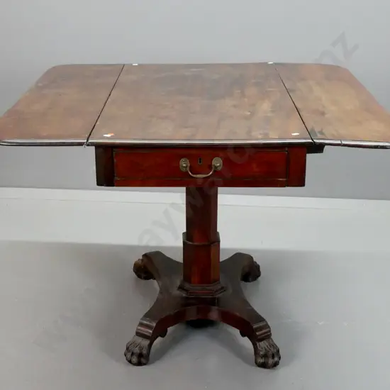 Georgian mahogany Pembroke drop-side table with faceted column base, platform base on carved paw feet, brass swan-neck