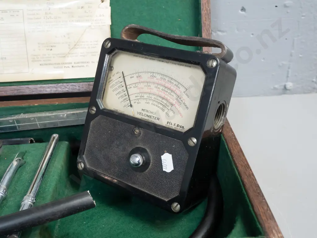 Metrovick Velometer air velocity meter kit with assorted attachments and documents in fitted timber case - wear to case Image 1++