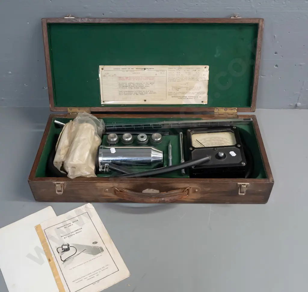 Metrovick Velometer air velocity meter kit with assorted attachments and documents in fitted timber case - wear to case Image 1++
