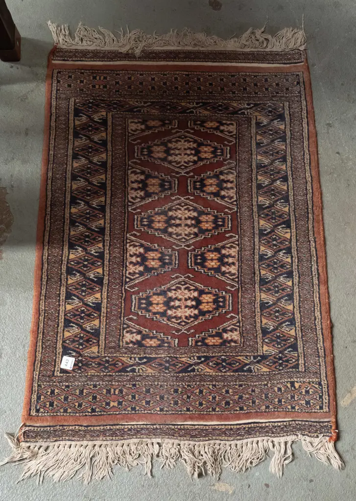 Persian style hand woven wool small floor rug - browns and blues, some fading L-980 W-660 Image 1++