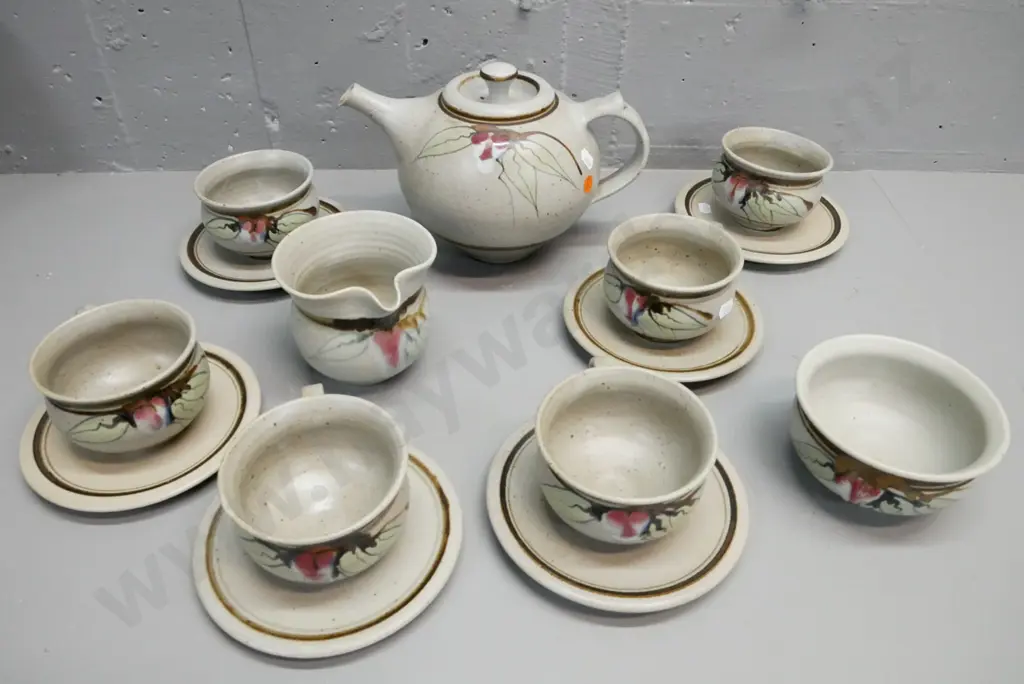 Neil Grant NZ Pottery tea set 6x cups & saucers. milk & sugar, teapot. Teapot H-170, handle-to-spout-250 Image 1++