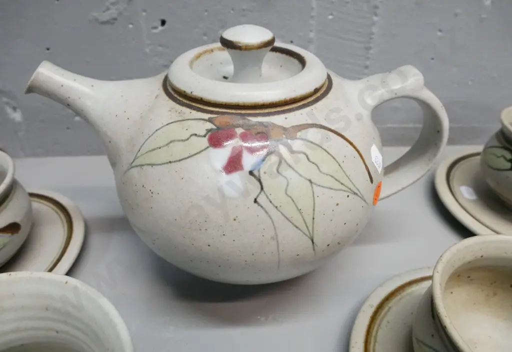 Neil Grant NZ Pottery tea set 6x cups & saucers. milk & sugar, teapot. Teapot H-170, handle-to-spout-250 Image 1++