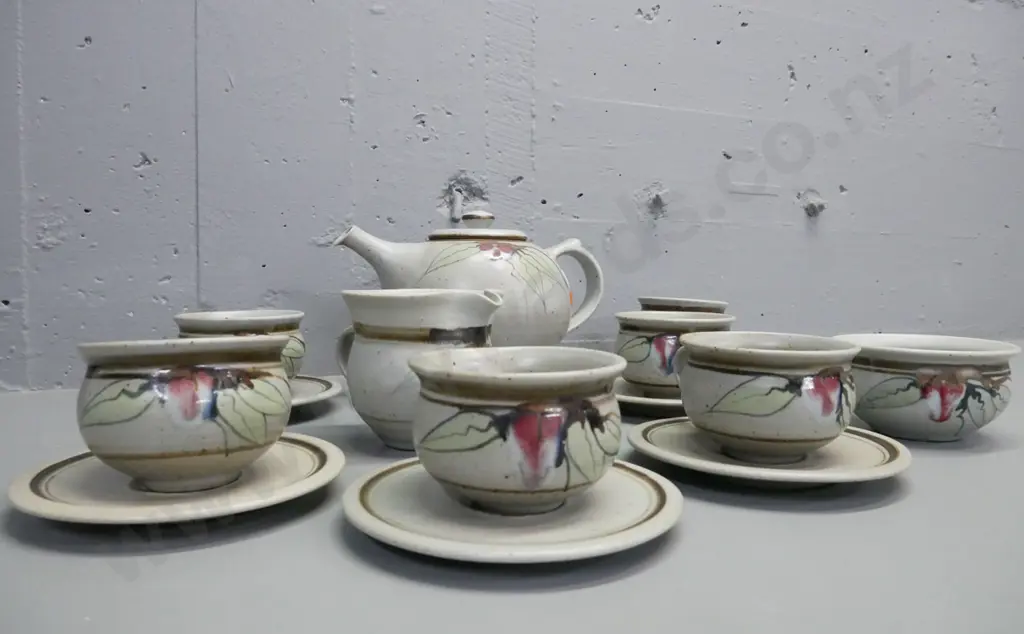 Neil Grant NZ Pottery tea set 6x cups & saucers. milk & sugar, teapot. Teapot H-170, handle-to-spout-250 Image 1++