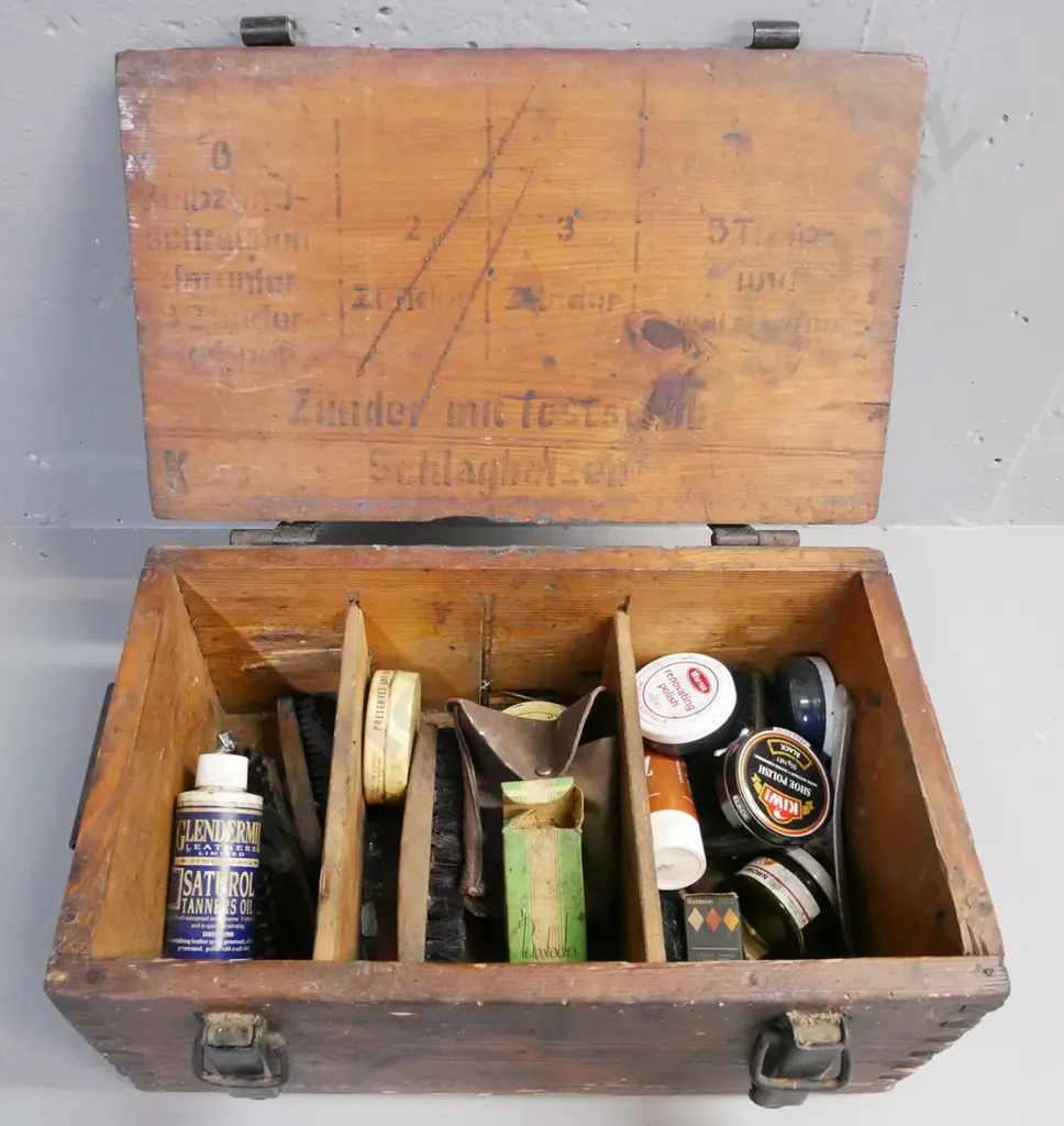 vintage pine metal-strapped German munitions box with shoe polishing and leather cleaning products. Image 1++