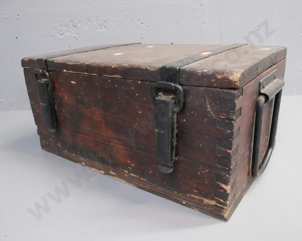 vintage pine metal-strapped German munitions box with shoe polishing and leather cleaning products. Image 1++