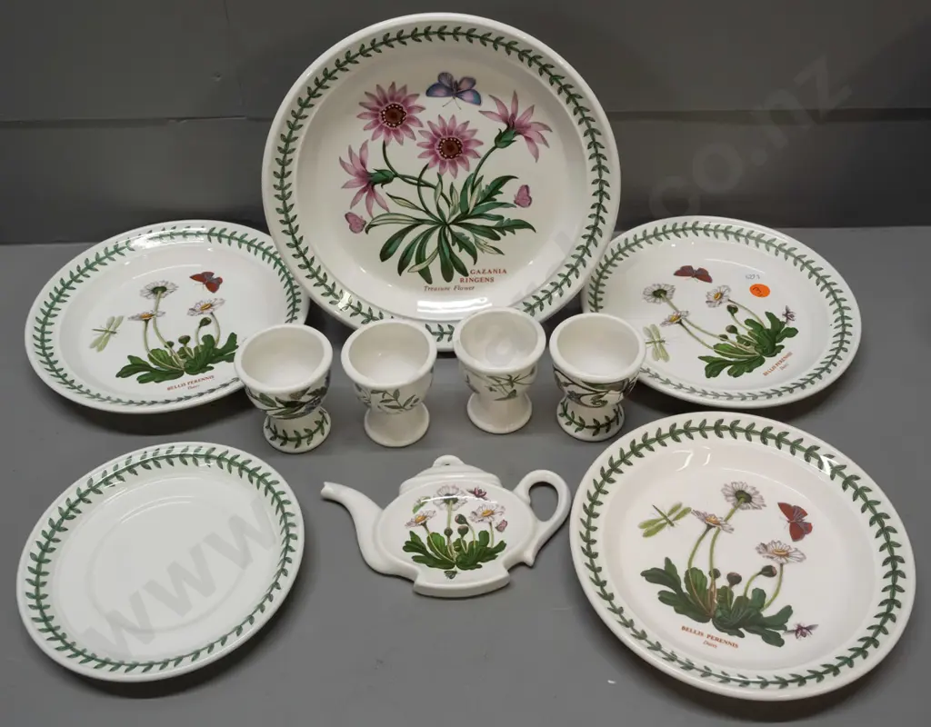 assorted Portmeirion 'The Botanic Garden' pattern items:  Four plates, four eggcups, teapot-shaped dish, unmarked saucer Image 1++