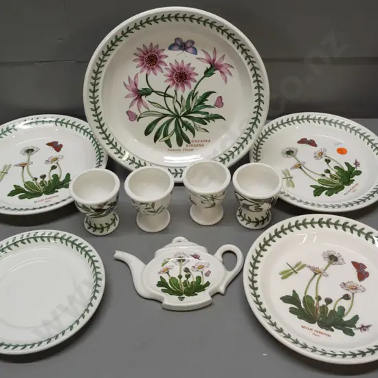 assorted Portmeirion 'The Botanic Garden' pattern items:  Four plates, four eggcups, teapot-shaped dish, unmarked saucer