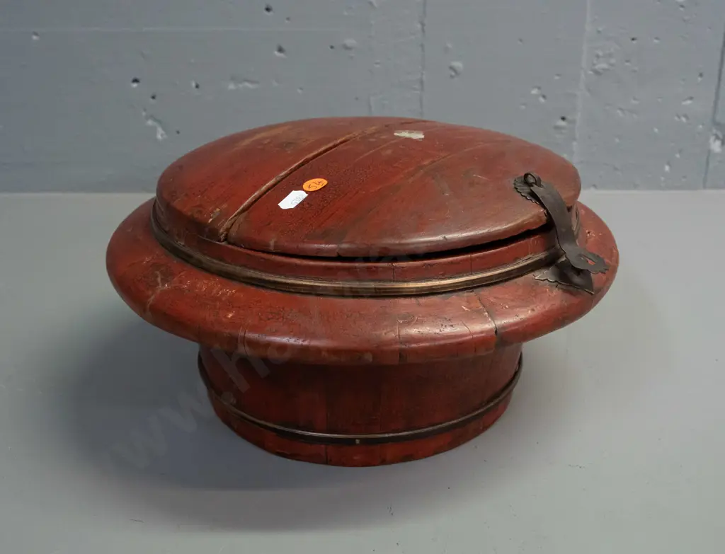 vintage Chinese storage or food container with brass strapping and latch, hinged top and lift-out half lid - wear to Image 1++