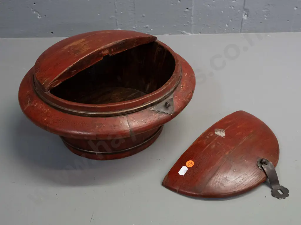 vintage Chinese storage or food container with brass strapping and latch, hinged top and lift-out half lid - wear to Image 1++