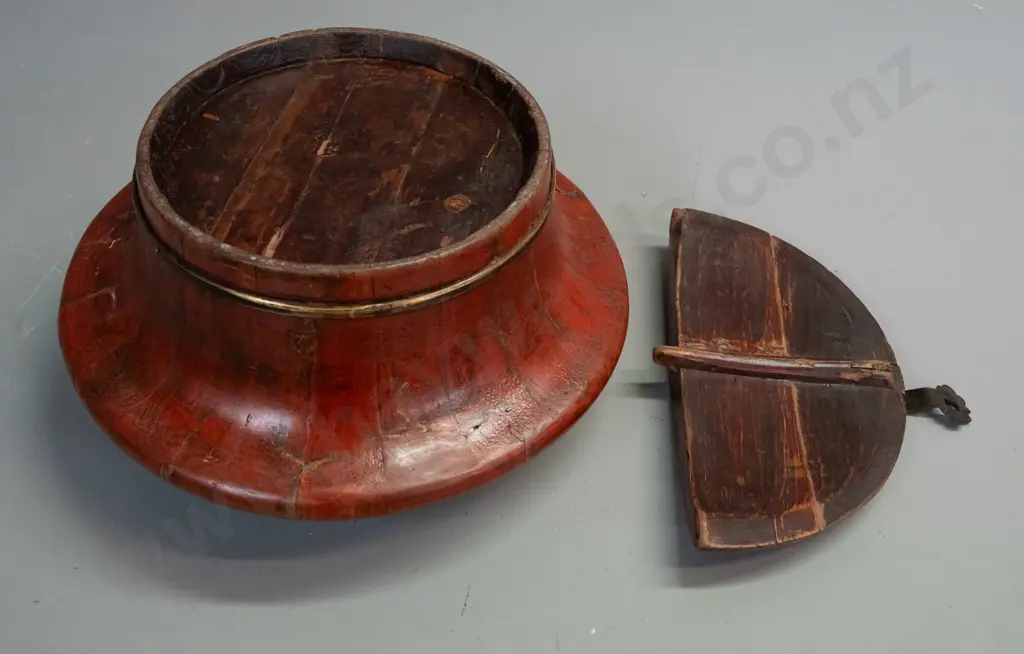 vintage Chinese storage or food container with brass strapping and latch, hinged top and lift-out half lid - wear to Image 1++