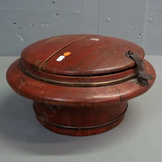 vintage Chinese storage or food container with brass strapping and latch, hinged top and lift-out half lid - wear to