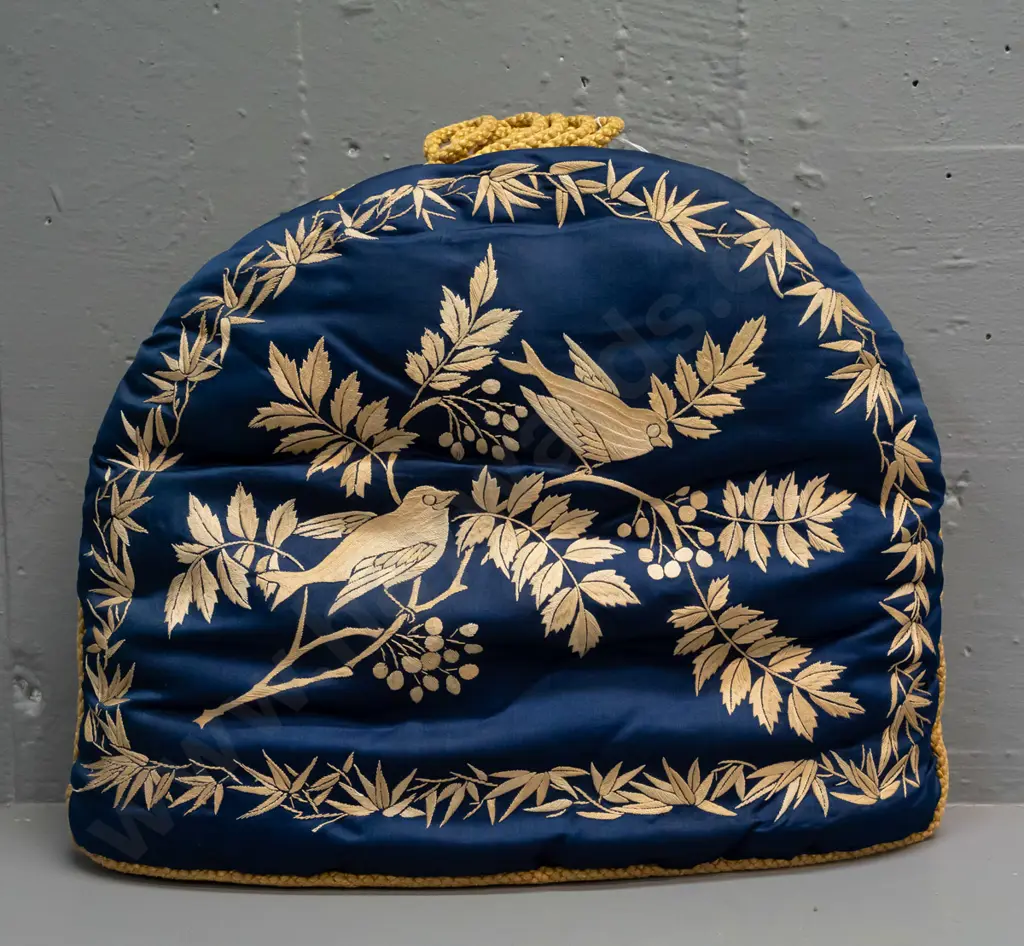 vintage large padded silk tea cosy with bird and branch pattern and cord edging H-320 W-400 Image 1++