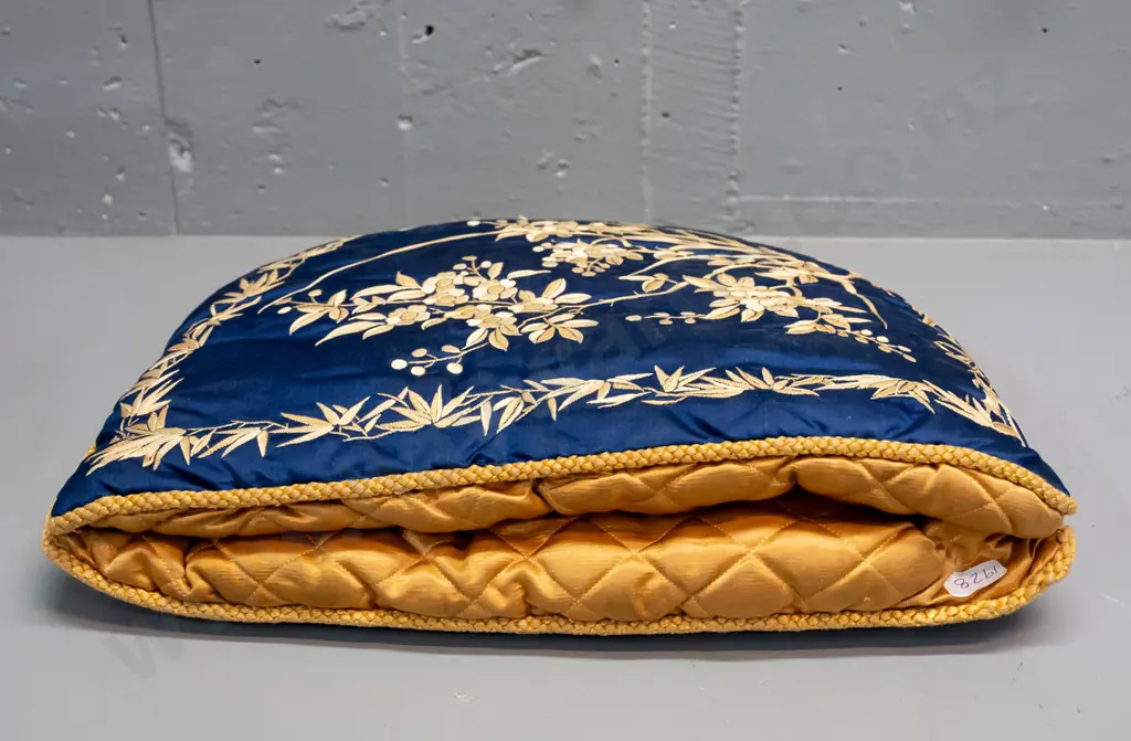 vintage large padded silk tea cosy with bird and branch pattern and cord edging H-320 W-400 Image 1++