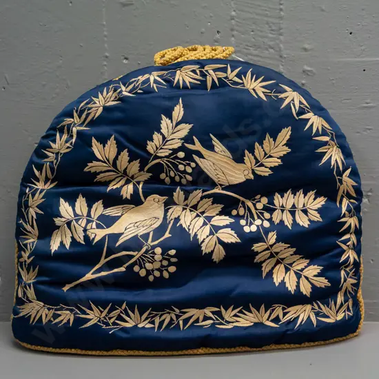 vintage large padded silk tea cosy with bird and branch pattern and cord edging H-320 W-400