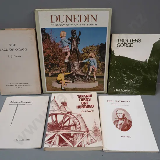 6 local history publications - Dunedin, Purakaunui, Tapanui, Otago geography etc. - some wear and tear, some are musty.