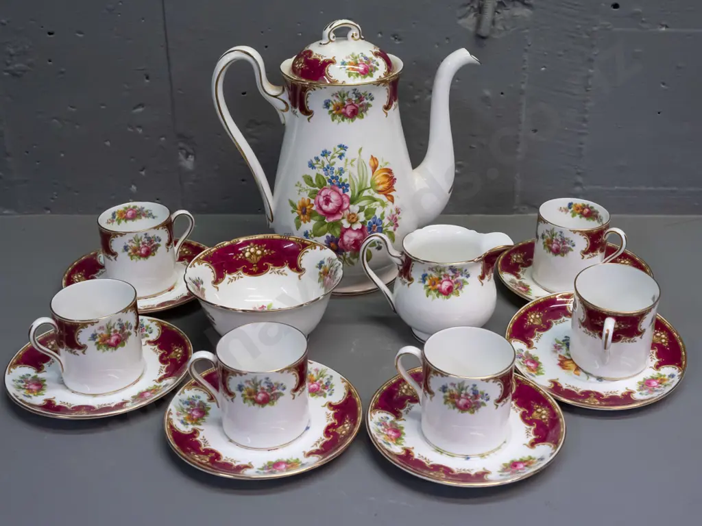 Shelley "Duchess" floral 15-piece coffee set - minor wear to gilding. Coffee pot H-210 Image 1++