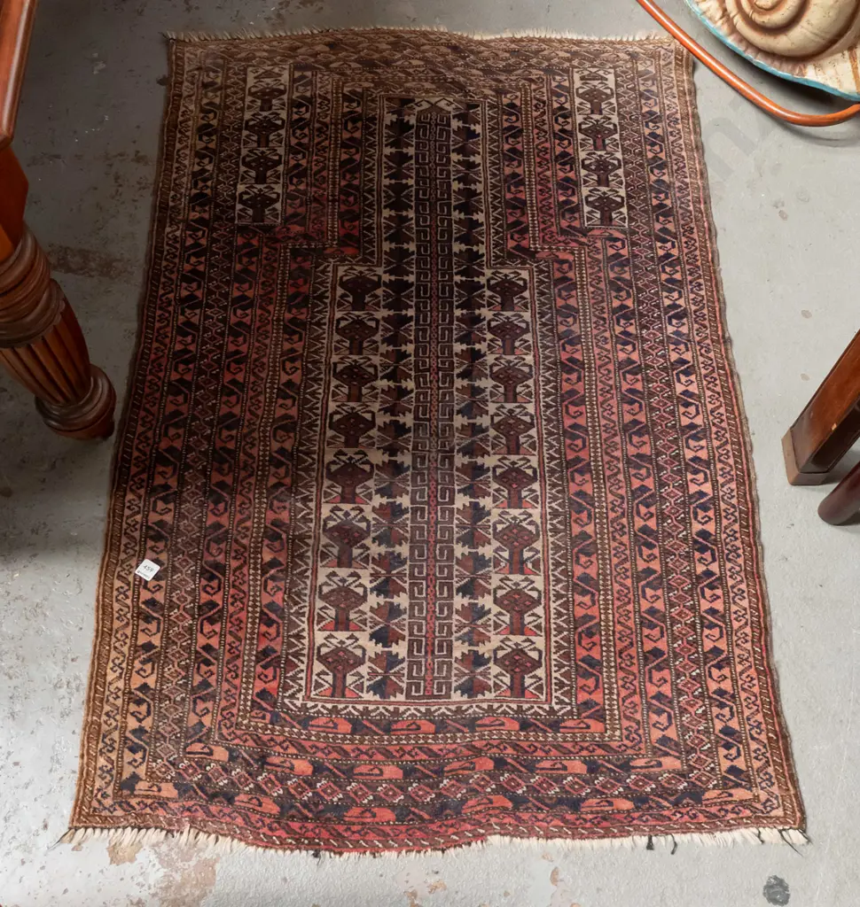 hand knotted wool tribal pattern floor rug - reds, browns and blues,  fading, wear to fringe, wear in spots, rippling Image 1++