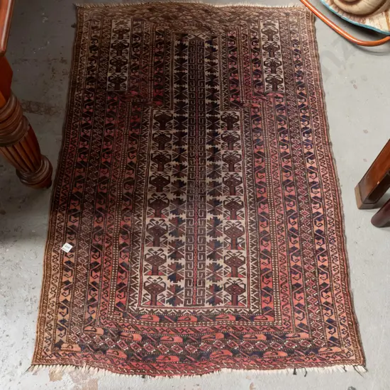 hand knotted wool tribal pattern floor rug - reds, browns and blues,  fading, wear to fringe, wear in spots, rippling