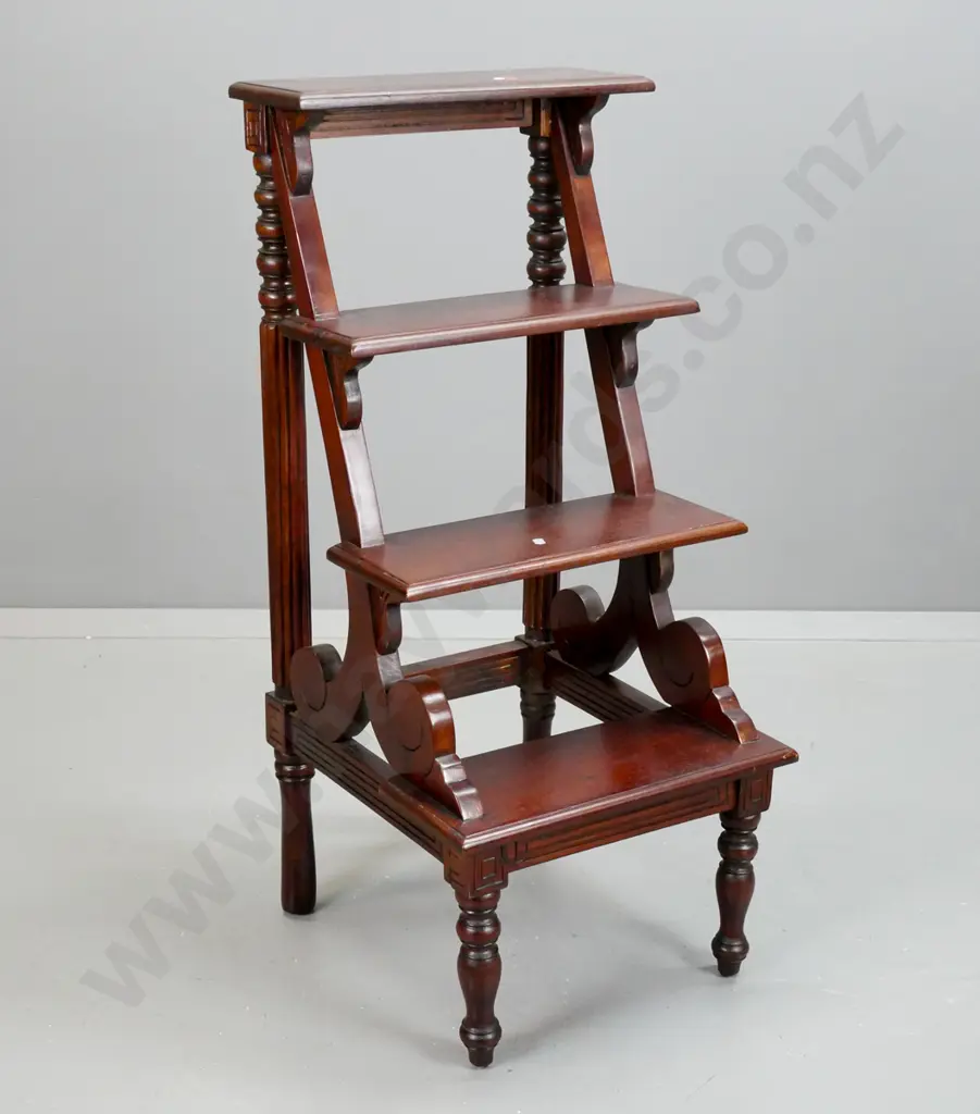 reproduction mahogany 4-step library steps with turned and fluted back supports, turned legs - has damage/repair to one Image 1++