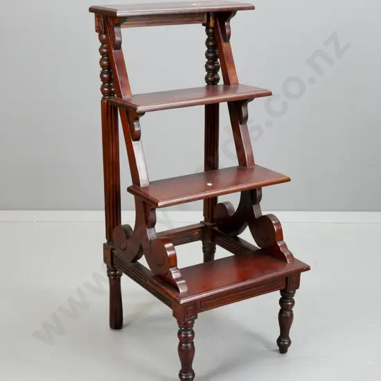 reproduction mahogany 4-step library steps with turned and fluted back supports, turned legs - has damage/repair to one