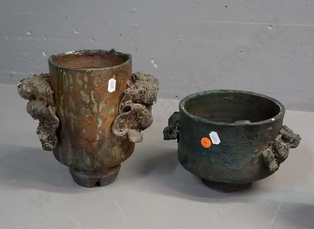 2 Margaret Sumich NZ studio pottery raku glaze pieces - footed vase H-180 and footed bowl. Glaze flecks to rim of bowl Image 1++