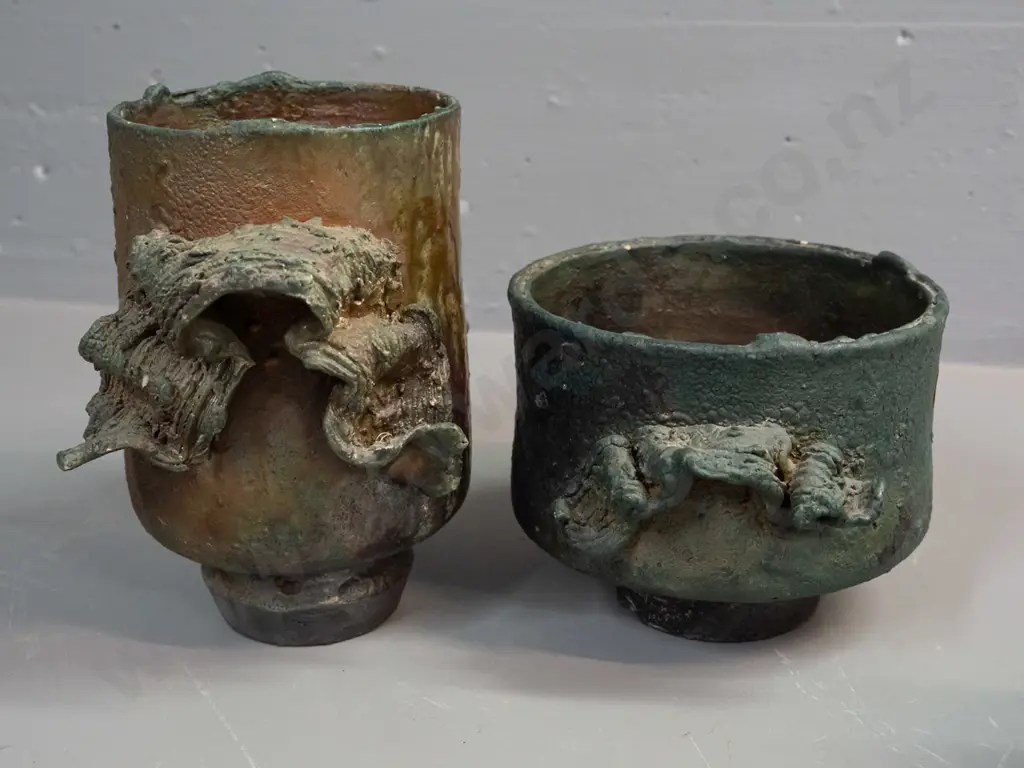 2 Margaret Sumich NZ studio pottery raku glaze pieces - footed vase H-180 and footed bowl. Glaze flecks to rim of bowl Image 1++
