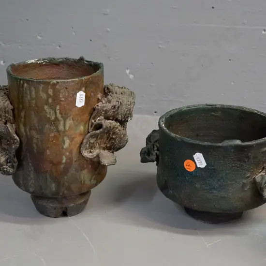 2 Margaret Sumich NZ studio pottery raku glaze pieces - footed vase H-180 and footed bowl. Glaze flecks to rim of bowl
