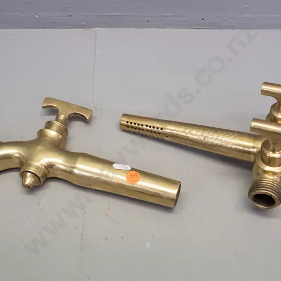 2 vintage large brass barrel or keg spigots, no maker's marks, one with double tap L-210 W-120