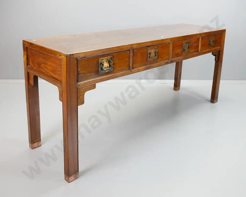 restored Chinese hardwood 4-drawer altar table with panelled top, square section legs with copper caps, brass plate Image 1++