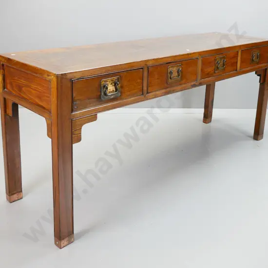 restored Chinese hardwood 4-drawer altar table with panelled top, square section legs with copper caps, brass plate
