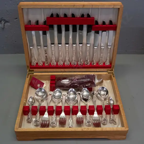 oak cased Rodd 6-place cutlery set - missing some carving items - with June 1970 presentation plaque on lid