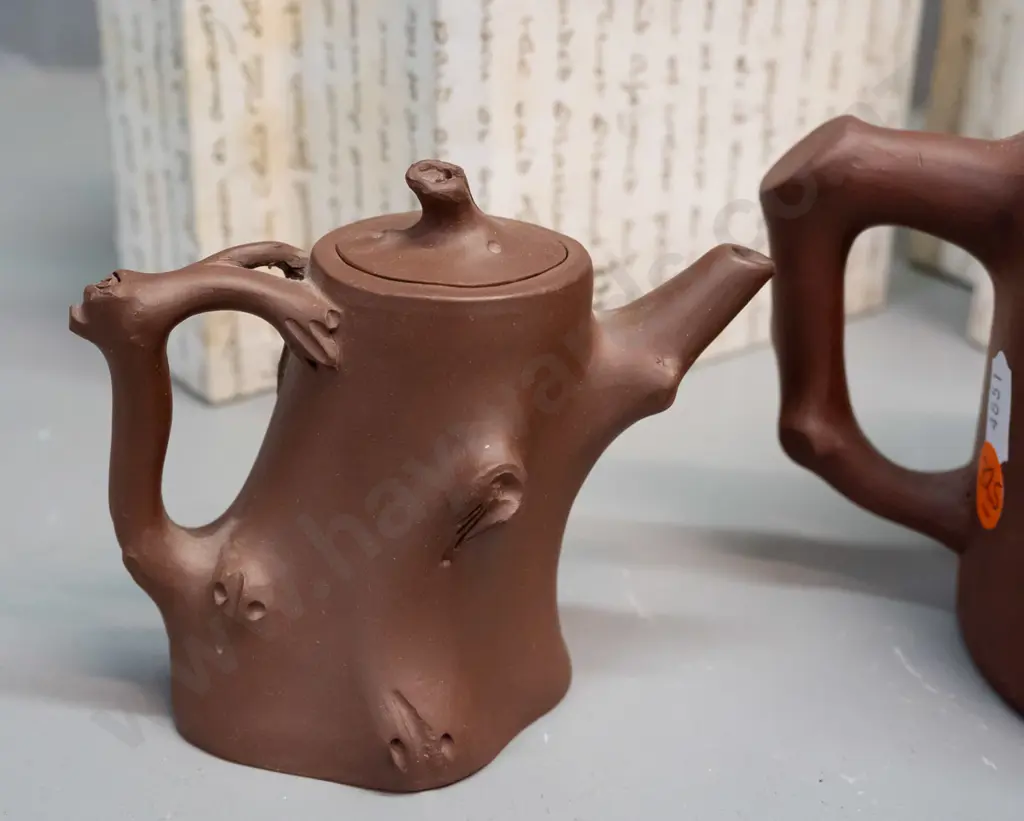 2 Chinese Yixing clay tea pots with applied branch motif decoration and handles, one with fitted faceted box. Larger is Image 1++
