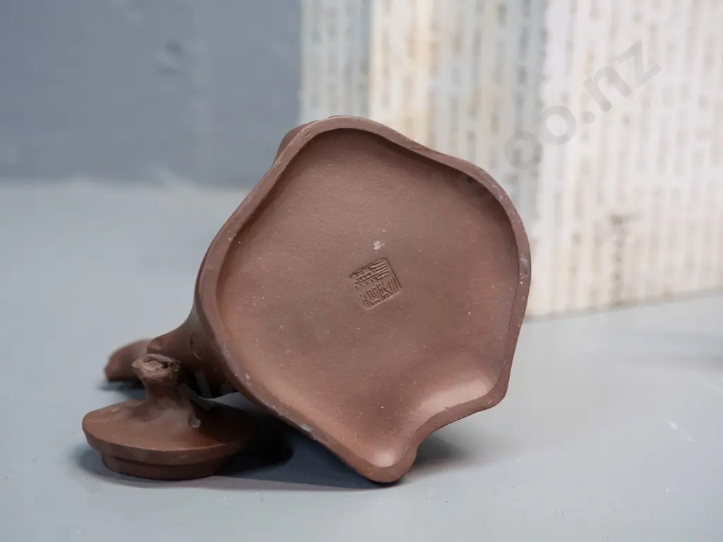 2 Chinese Yixing clay tea pots with applied branch motif decoration and handles, one with fitted faceted box. Larger is Image 1++