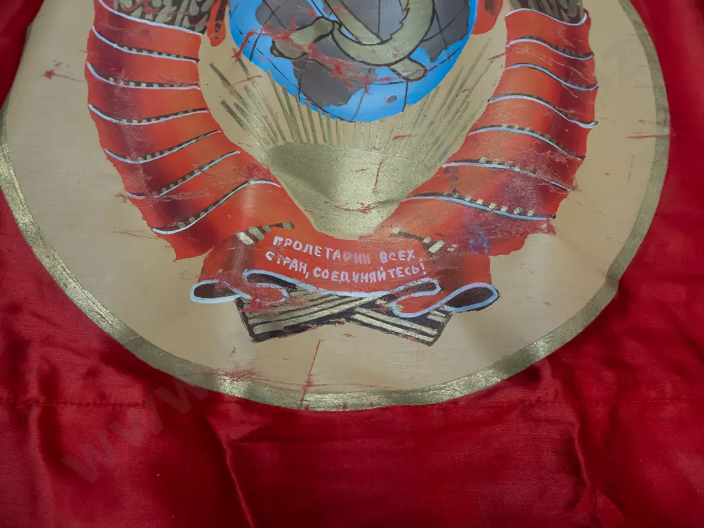 large Soviet era banner - red satin or silk fabric with gold tassel edging, hand painted lettering and central design, Image 1++