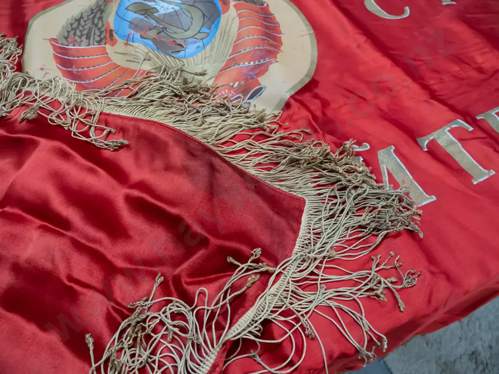 large Soviet era banner - red satin or silk fabric with gold tassel edging, hand painted lettering and central design, Image 1++