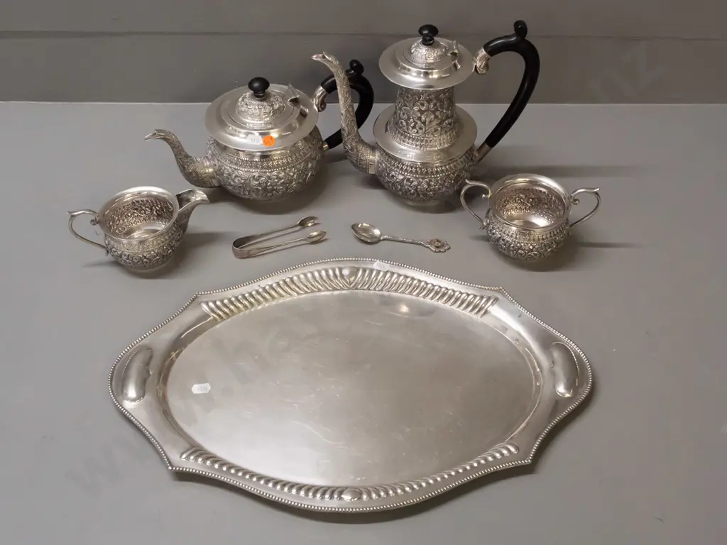 repousse silver tea & coffee set with tray with bakelite or composite handles - tray has Indian label, stamped "Silver" Image 1++