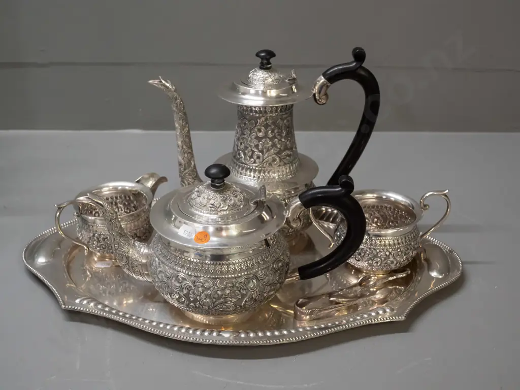 repousse silver tea & coffee set with tray with bakelite or composite handles - tray has Indian label, stamped "Silver" Image 1++