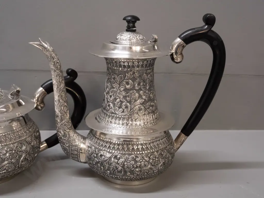 repousse silver tea & coffee set with tray with bakelite or composite handles - tray has Indian label, stamped "Silver" Image 1++