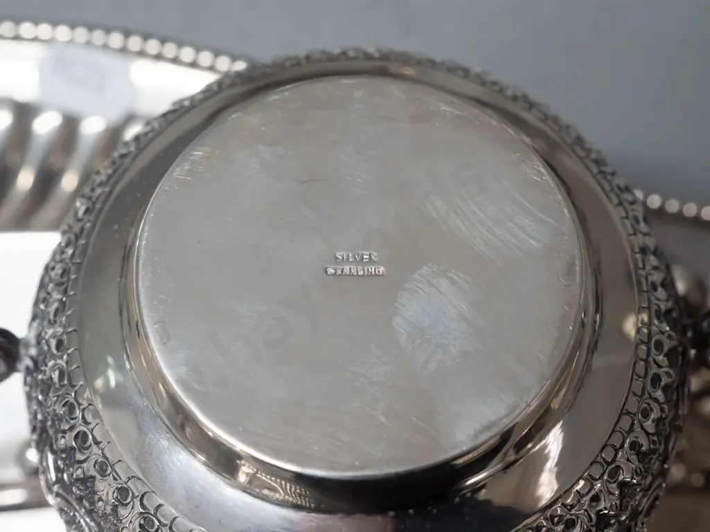 repousse silver tea & coffee set with tray with bakelite or composite handles - tray has Indian label, stamped "Silver" Image 1++
