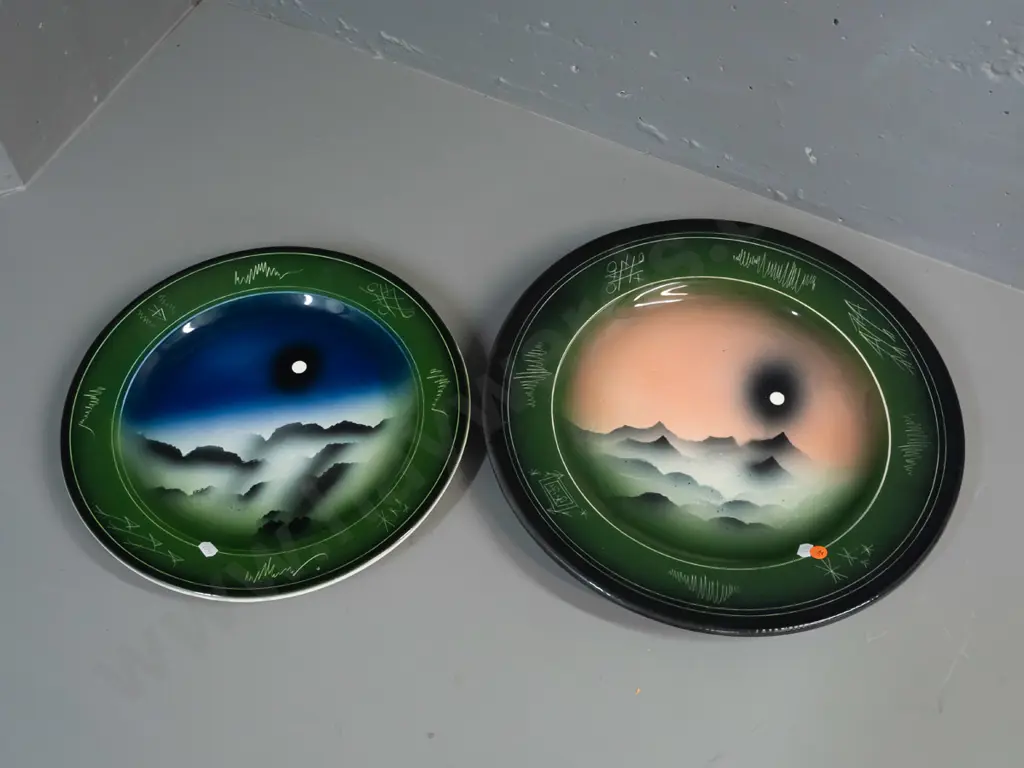 2 Nelson Creek Pottery / Westland NZ wall chargers with mountain and moon decoration - smaller one has patch of rough Image 1++