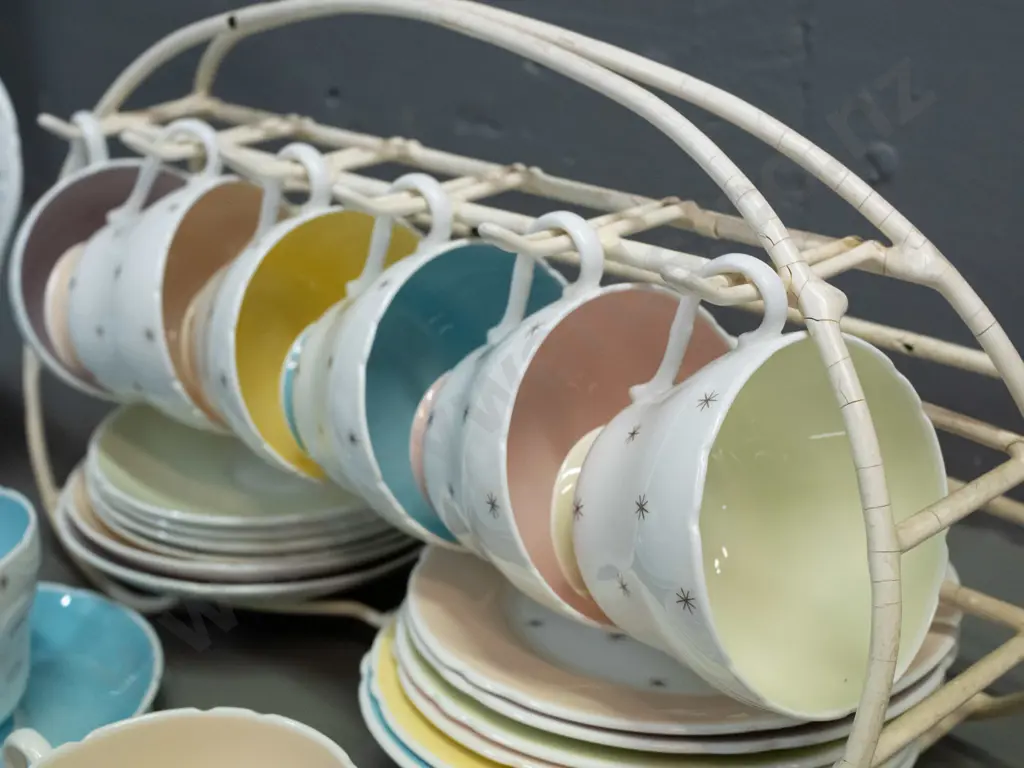 Shelley Pole Star tea ware - 9 trios, cake plate, cream & sugar with a plastic over wire stand. Slight scratch to cake Image 1++