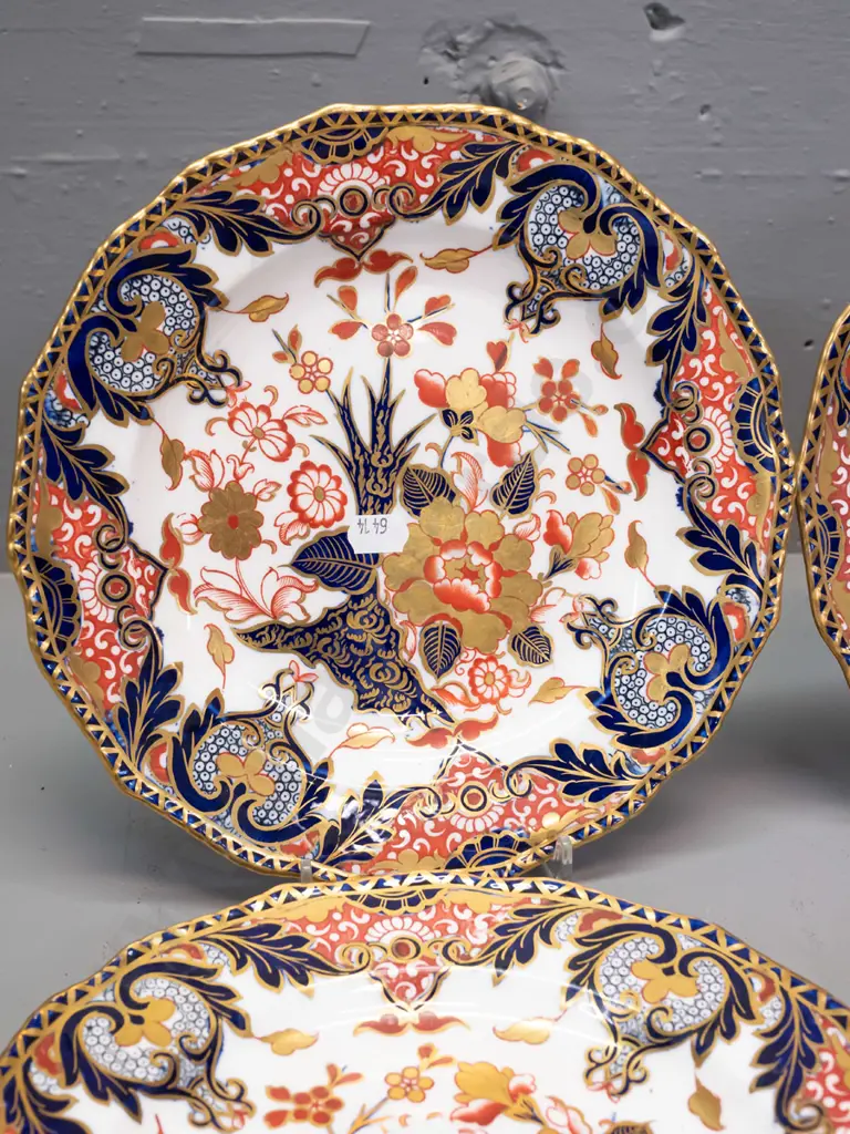 gilded Imari pattern china - 6 side plates and 2 handled dishes, unknown Crown mark - minor scratching,  dishes are Image 1++