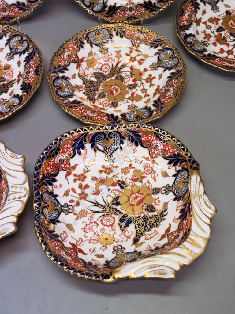 gilded Imari pattern china - 6 side plates and 2 handled dishes, unknown Crown mark - minor scratching,  dishes are Image 1++