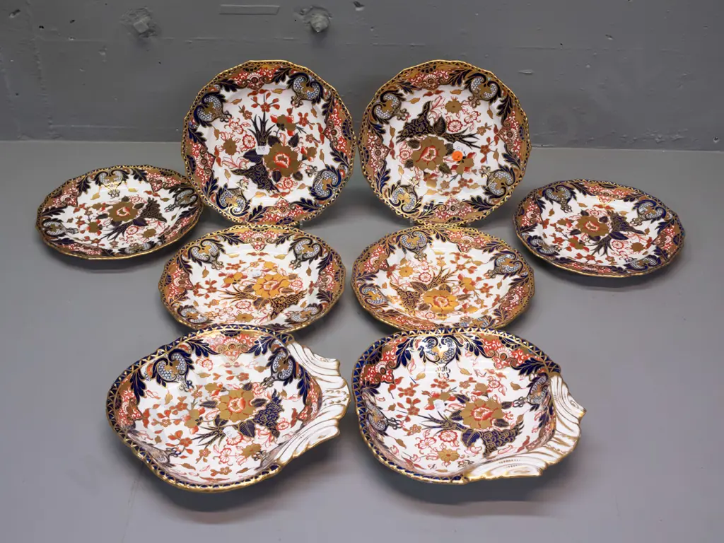 gilded Imari pattern china - 6 side plates and 2 handled dishes, unknown Crown mark - minor scratching,  dishes are Image 1++